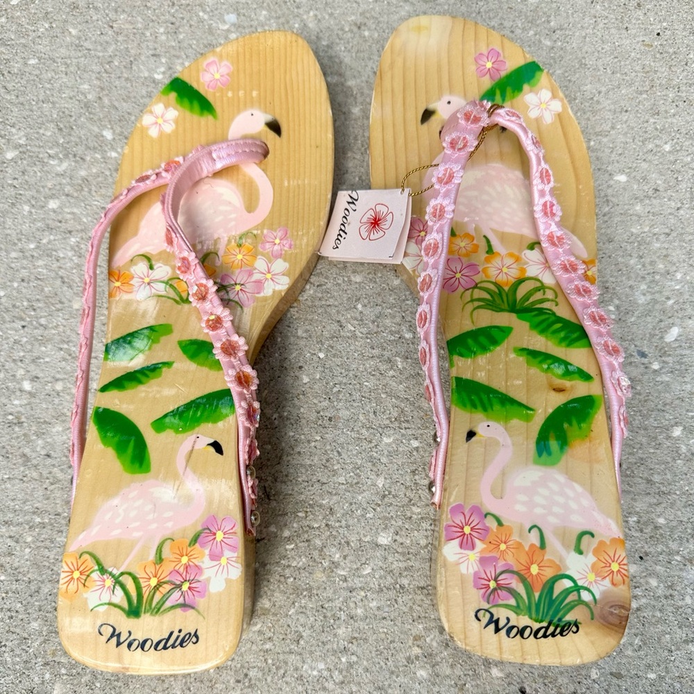 WOODiES pink flamingo key west clogs wood sandals womens size 8